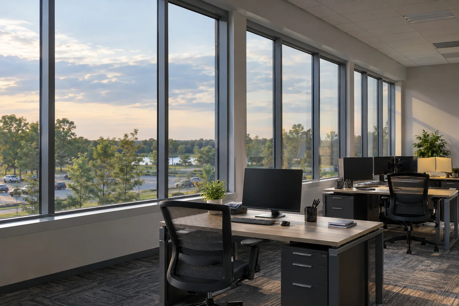 An office with large windows and bright sun across the desks